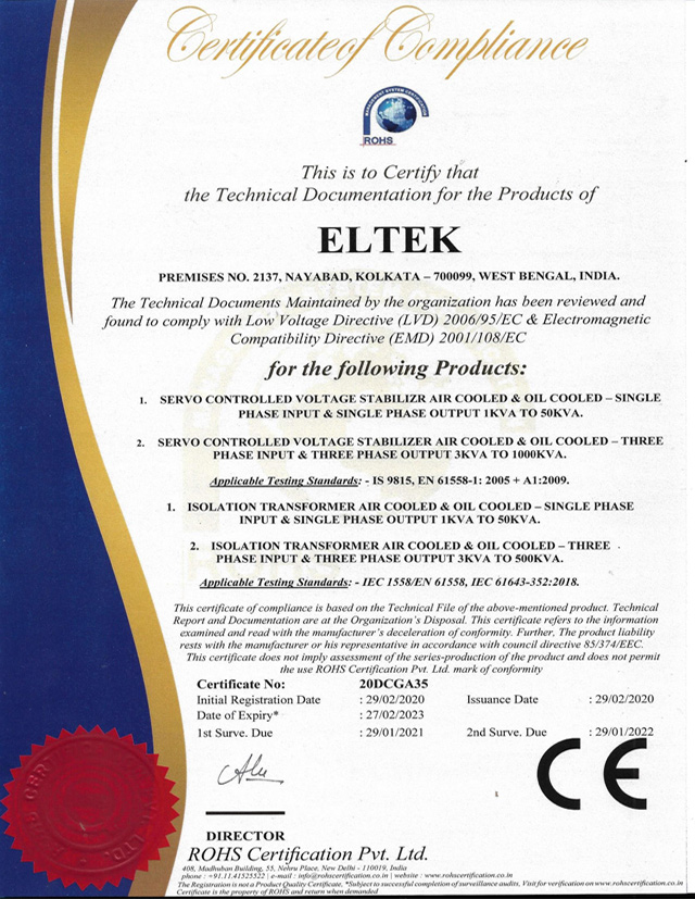 CE Certificate- Servo Stabilizer & Isolation Transformer